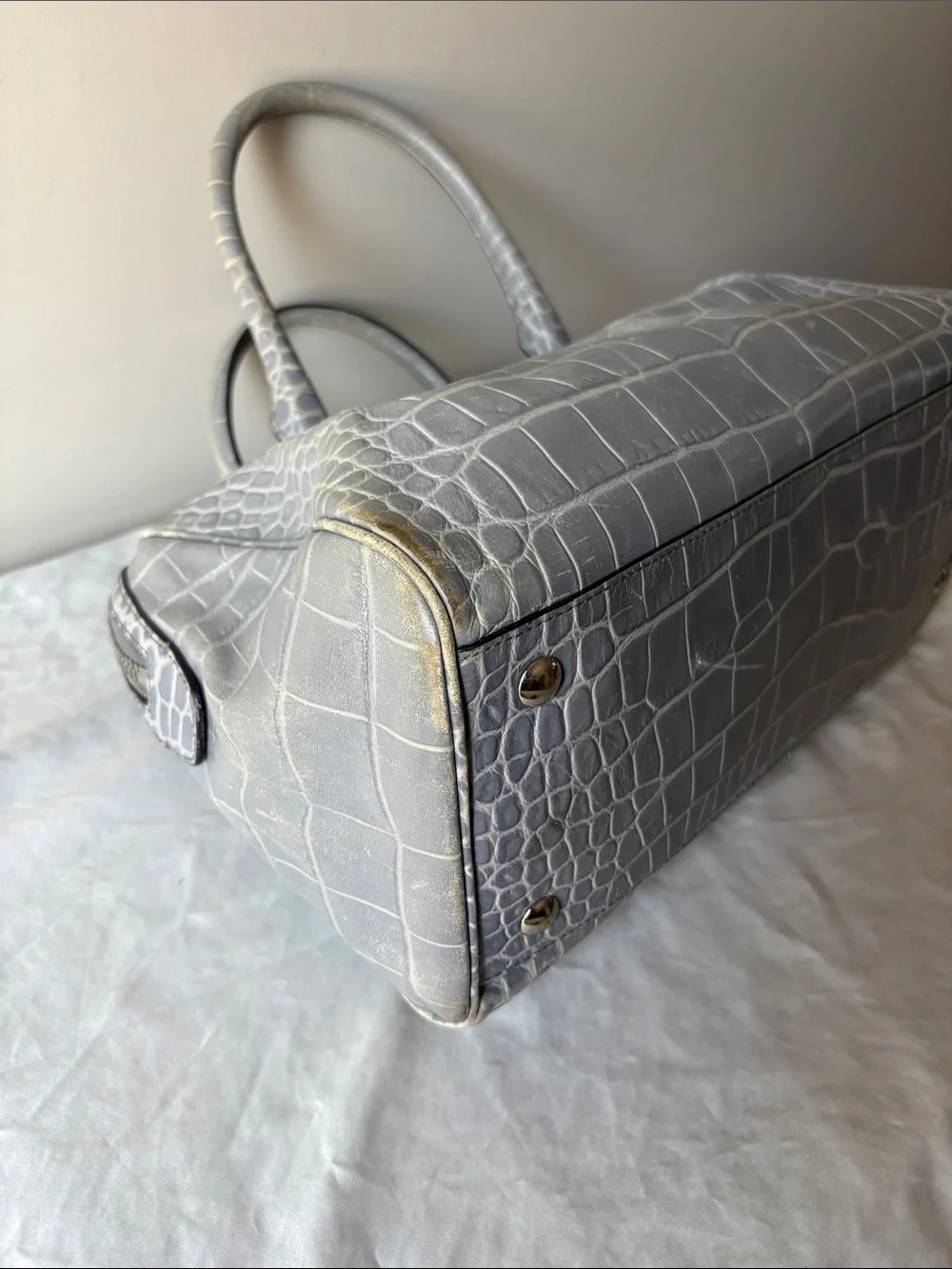 Coach Legacy Embossed Silver Grey Croc Leather Haley Satchel Handbag